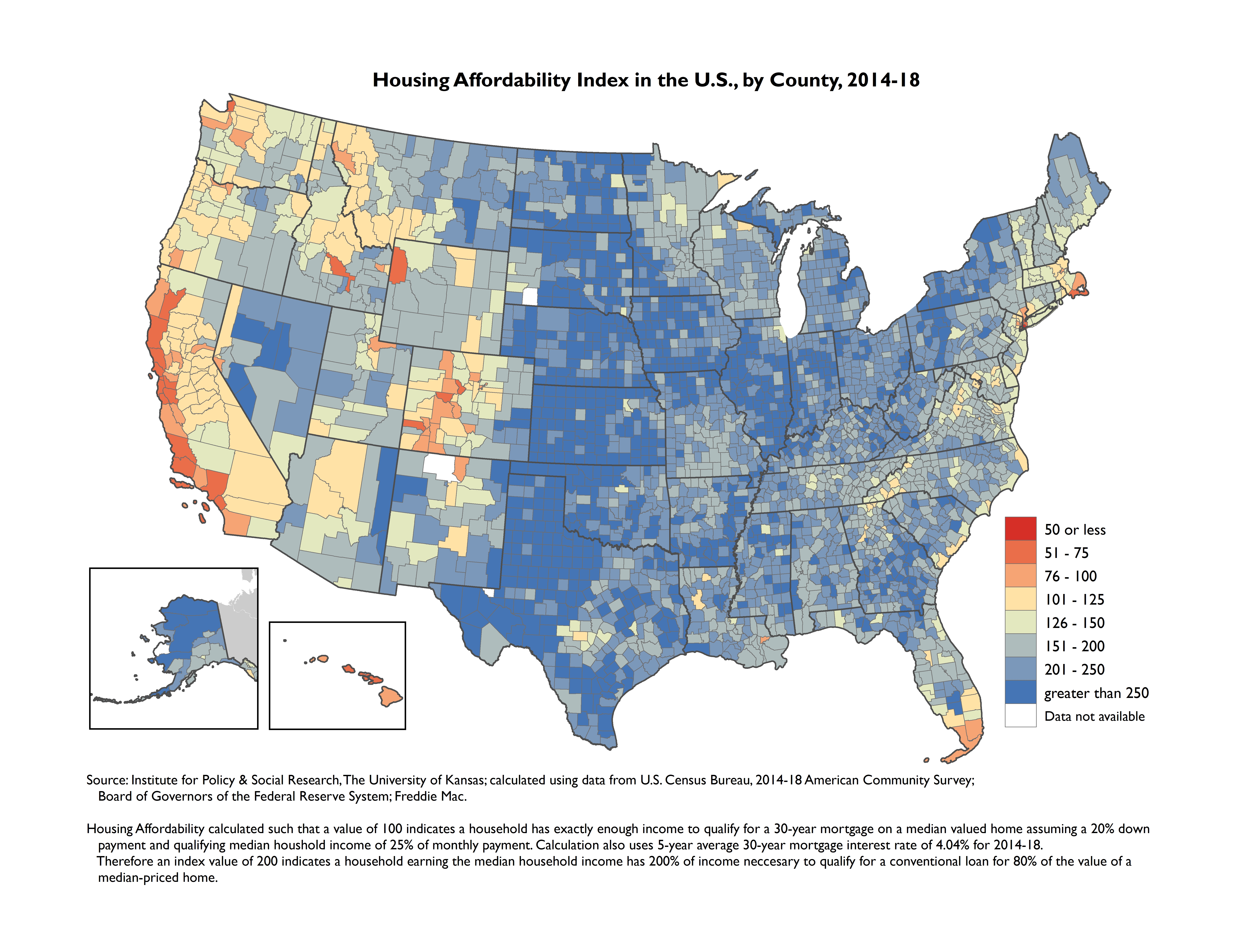 Map of Housing Affordability Index in U.S., by County, 2012-16